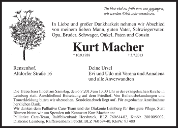 Traueranzeige von Kurt Macher von Pegnitz-Zeitung